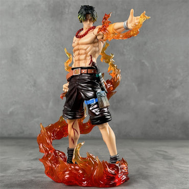 A close-up of the translucent flame effects on the Ace "Fire Fist" statue, showing the intricate detail and color.