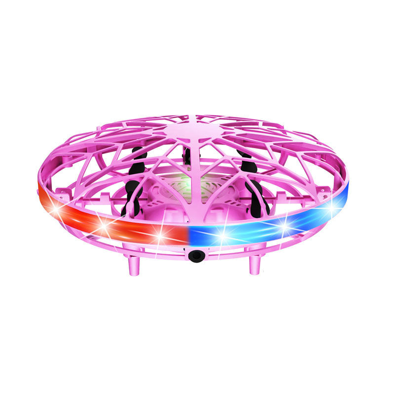 A pink hand-controlled UFO mini drone for girls, with spinning LED lights.