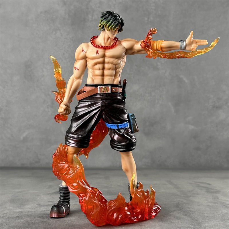Close-up on the face of the Portgas D. Ace resin statue, capturing his determined expression.