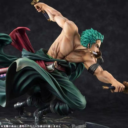 The Roronoa Zoro Sanzen Sekai figure displayed next to its official retail box packaging.