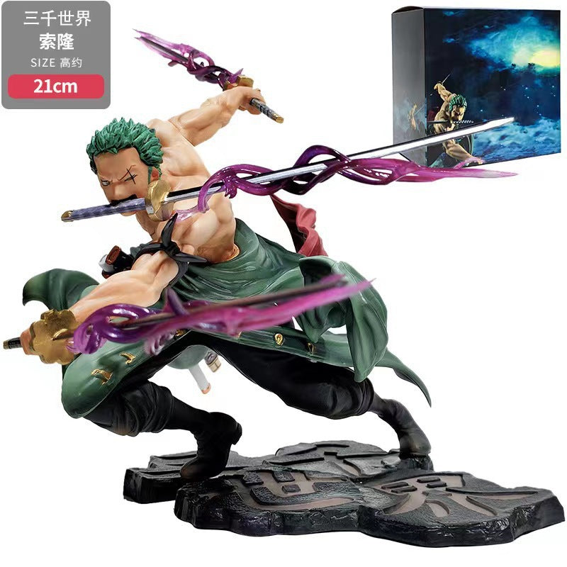 The back view of the One Piece Zoro figure, showing the details on his coat and swords.