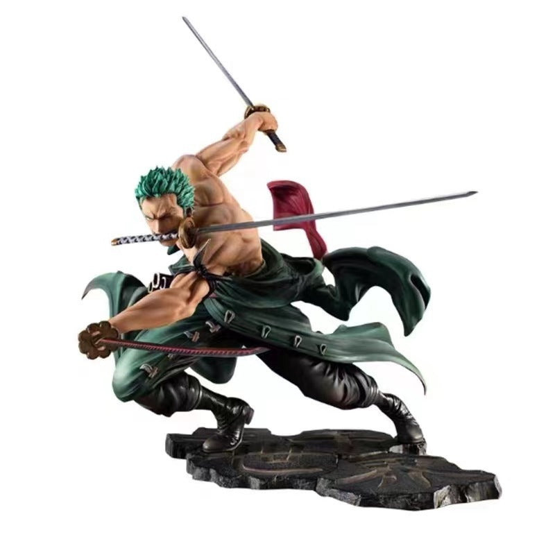 Front view of the Roronoa Zoro Sanzen Sekai figure, showing his three-sword style pose.