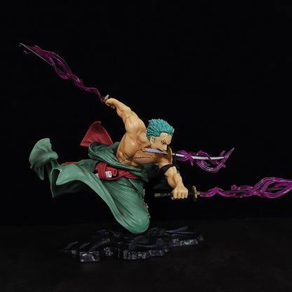 An angled shot of the 21cm Roronoa Zoro figure, highlighting the dynamic details of his attack.