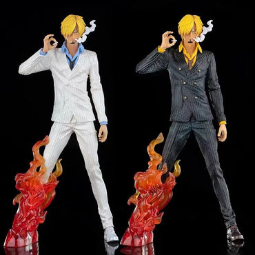 A close-up on the monochrome or black-and-white details of the Sanji "Black Foot" figure.