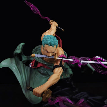 A close-up of the Roronoa Zoro figure's face and his three swords during the Sanzen Sekai attack.