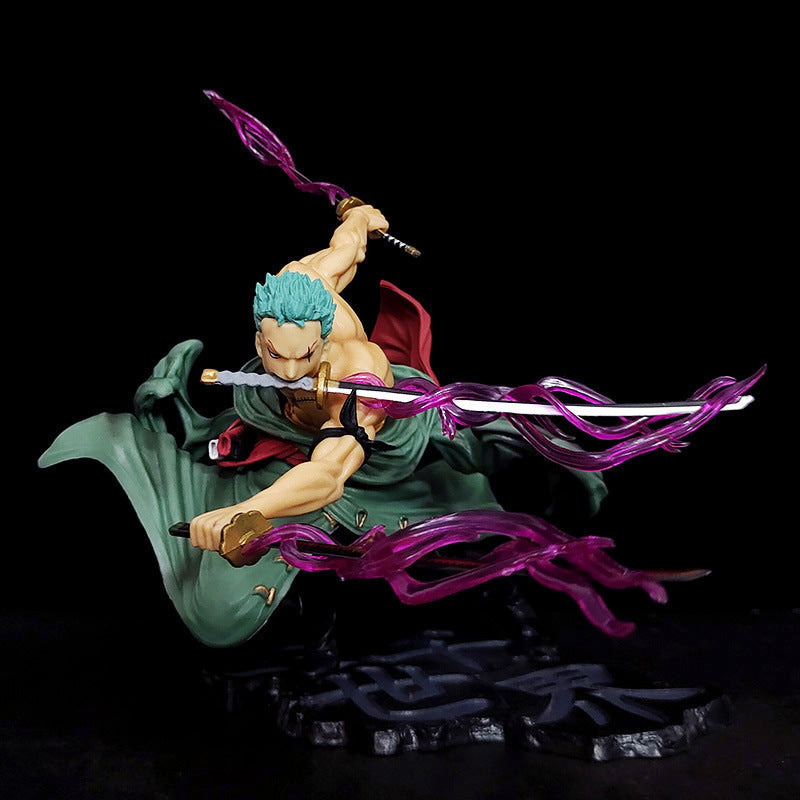 The 21cm One Piece Zoro figure on a display shelf to show its scale and size.